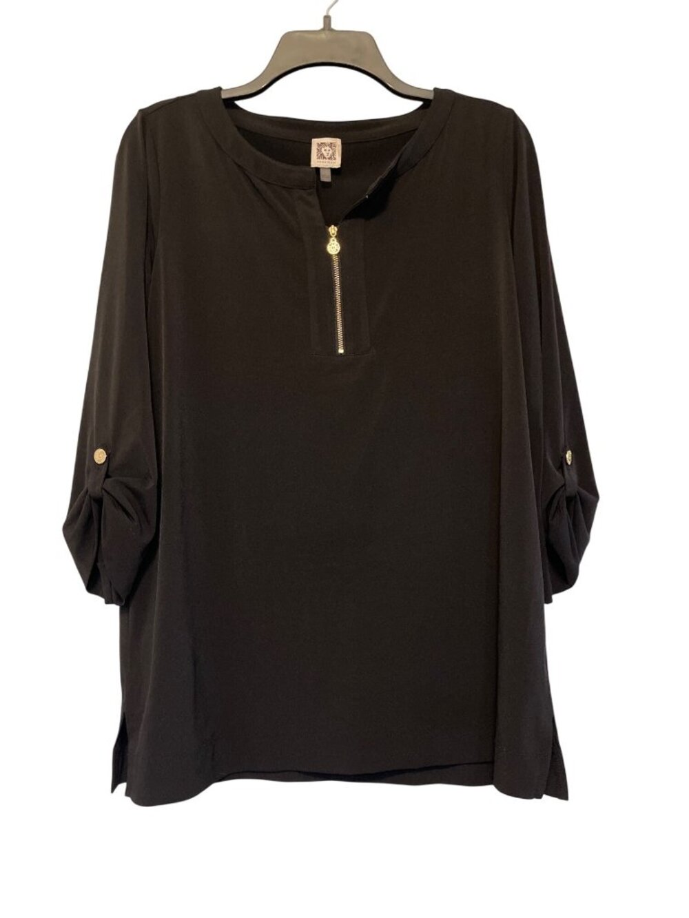 Anne Klein Black Blouse W/ Gold Zipper Neckline & Roll-Tab Sleeves Size L